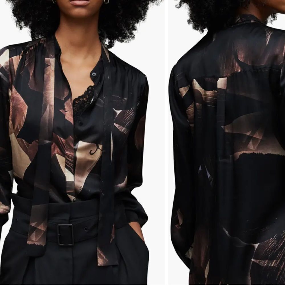 All Saints Black Satin Abstract Floral Tie-Neck Blouse with Bronze Accents - Picture 2 of 16